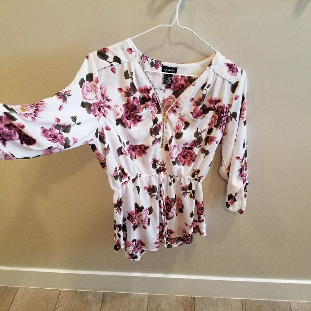 Floral zip up cinch waist  blouse